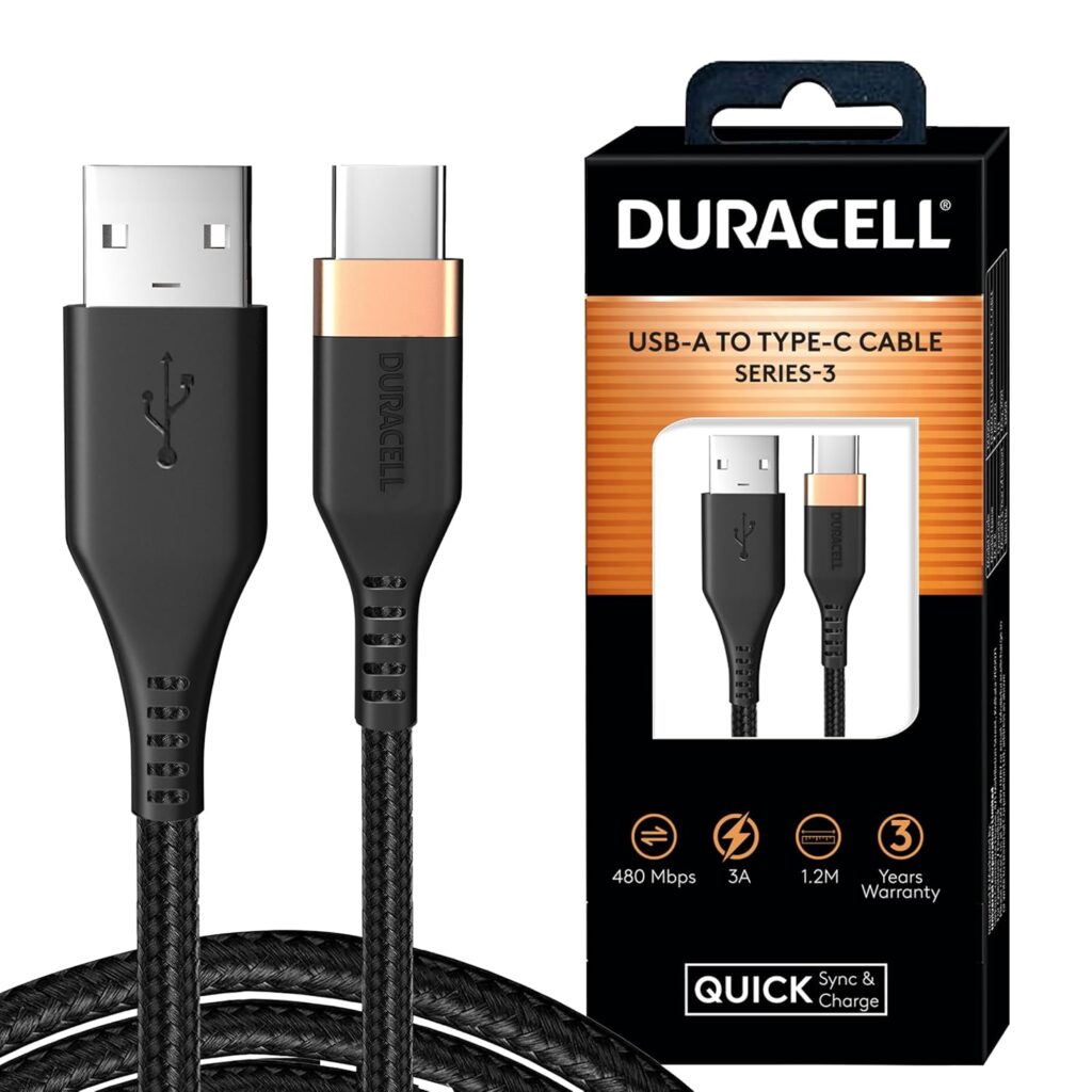 Duracell USB-A To Type C, 65W Braided Sync & Fast Charging Cable, 3.9 Feet (1.2M), QC 2.0/3.0 Ultra Fast Charging, For Samsung, Mi, Realme, OPPO, ONE PLUS, Seamless Data Transmission, Series 3, Black